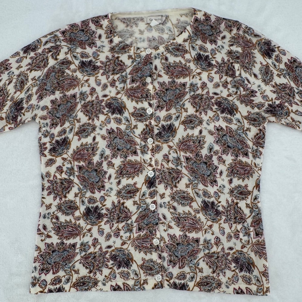 Garnet Hill 100% Merino Wool Paisley Floral Cream Cardigan Sweater Woman's Small